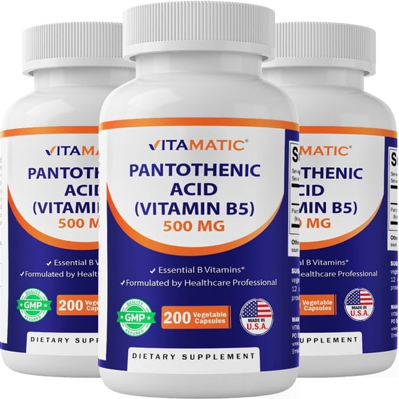 Vitamatic Pantothenic Acid (Vitamin B5) 500mg, 200 Capsules - For Hair, Skin, Nails & Digestive Support 3 Pack