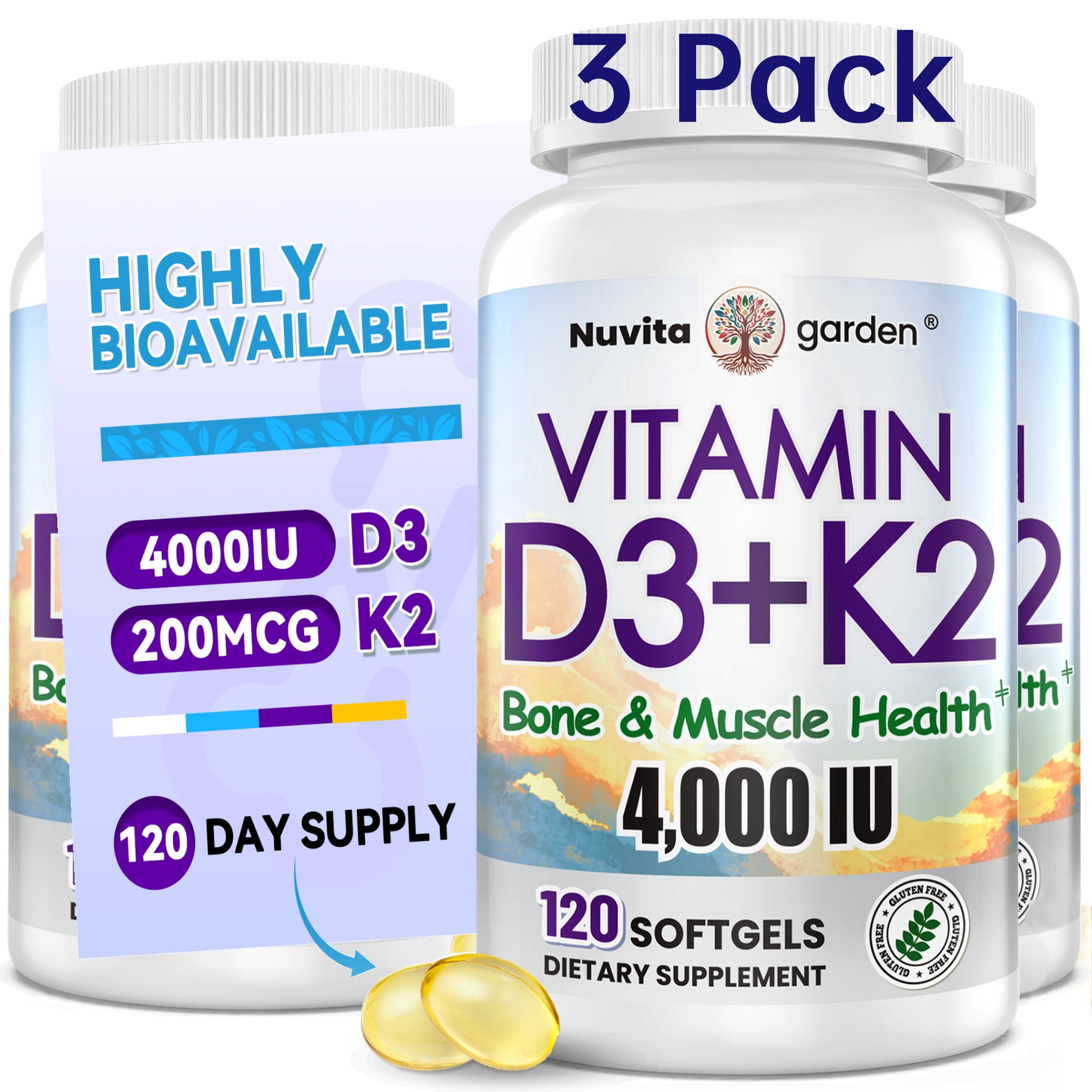 3 Pack Vitamin D3 K2 4,000 IU, 200 mcg MK-7, 360 Coconut Oil Softgels, Supports Calcium Absorption, Bone Health