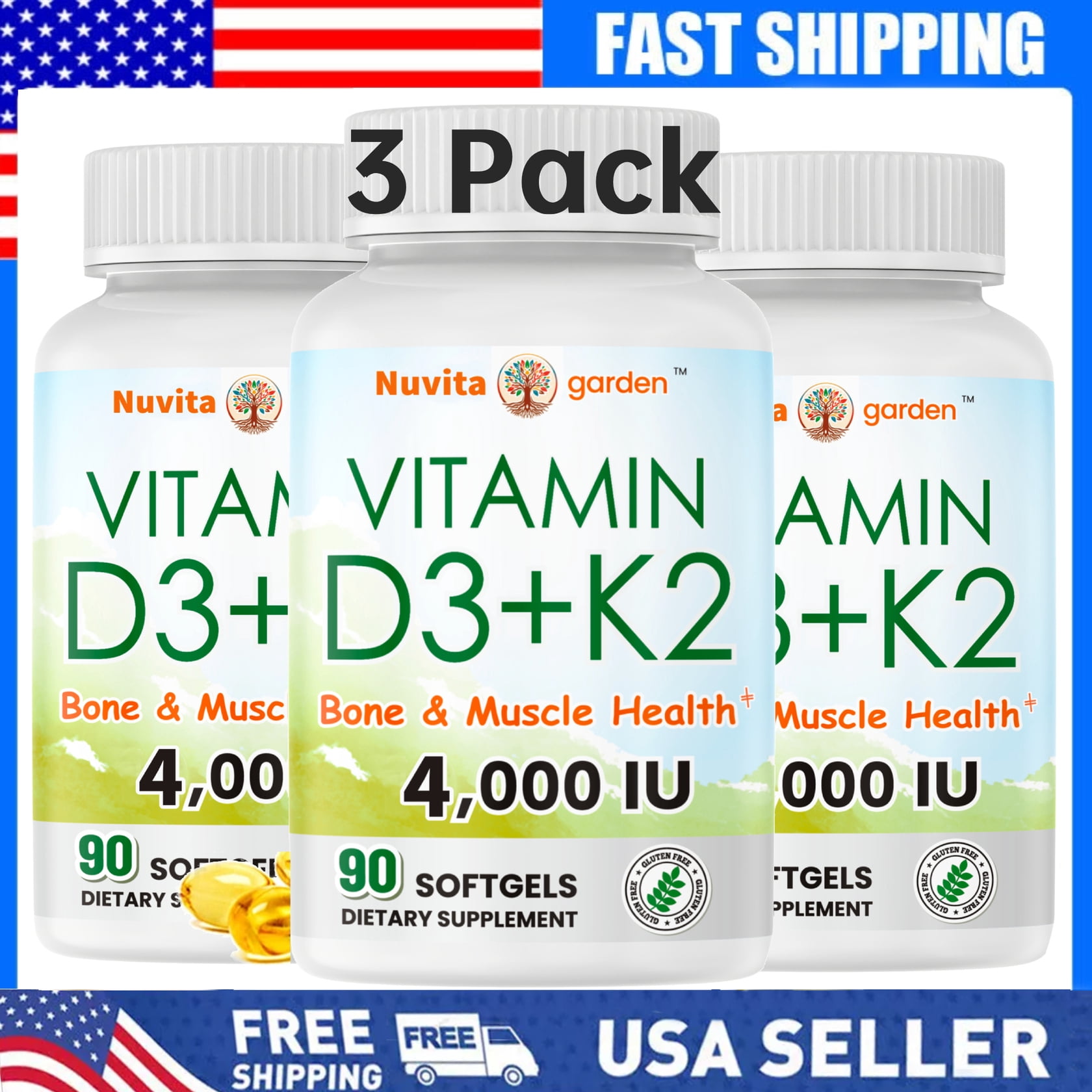 3 Pack Vitamin D3 K2, 4000 IU (100 Mcg) Vitamin D Softgels, Dietary Supplement, 270 Count