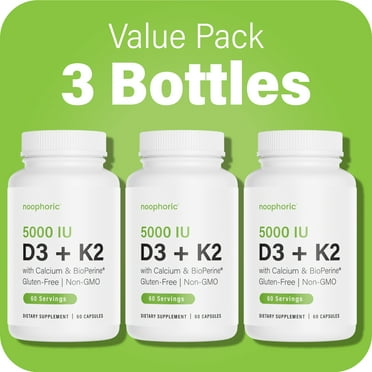 (3 Pack) D3 K2 Vitamin 5000 IU - Calcium with Vitamin D - Noophoric, 180 Capsules