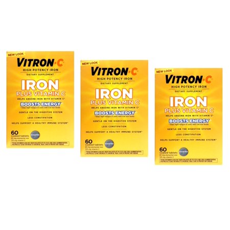 Vitron-C High Potency Iron Plus Vitamin C, Helps Absorb Iron, Gentle on Digestive System, Less Constipation, 60 Coated Tablets (pack of 3)