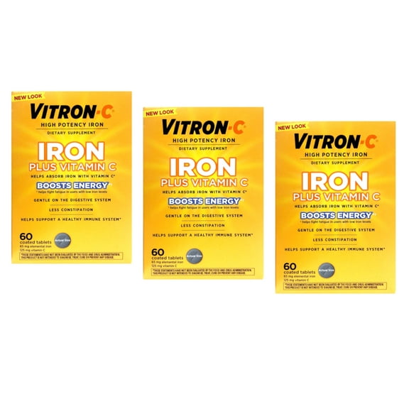 Vitron-C High Potency Iron Plus Vitamin C, Helps Absorb Iron, Gentle on Digestive System, Less Constipation, 60 Coated Tablets (pack of 3)