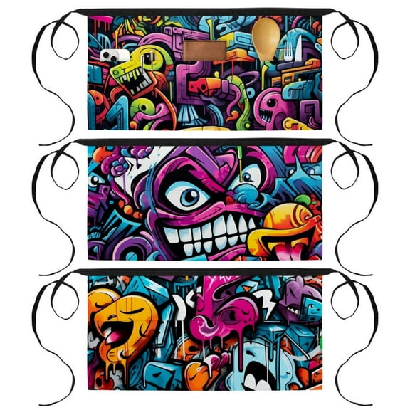 3 Pack Waists Apron with 3 Pockets Waitress Apron Doodle Server Apron