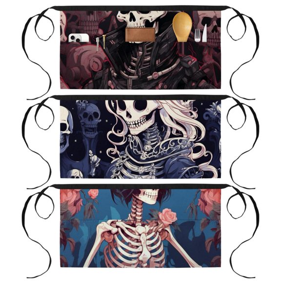 3 Pack Waists Apron with 3 Pockets Waitress Apron Skeleton Server Apron