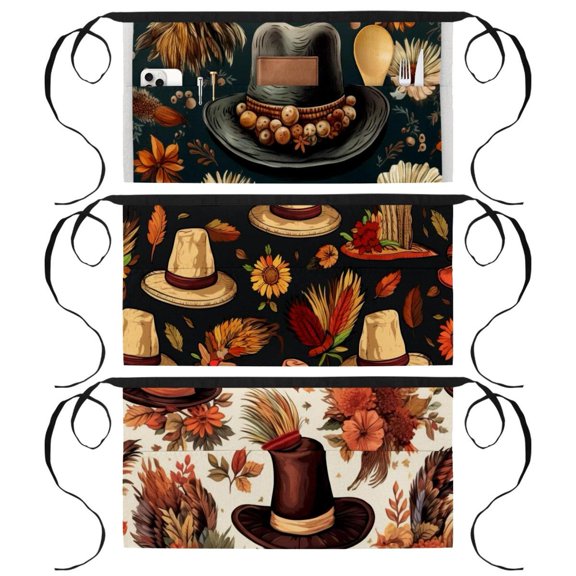 3 Pack Waitress Apron With 3 Pockets - Thanksgiving Hat Server Aprons - Waiter Short Half Waist Servers Apron