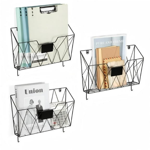 OYEAL 3-Pack Metal Wall-Mounted File Organizer Set, Hanging File Holder with Hooks, Office Wall Storage Rack for Documents, Mail, Black