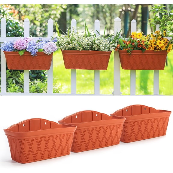 3 Pack Wall Hanging Planters, 16.5 Inch Railing Fence Hanging Flower Pots, Thickened Plastic Water Storage Plant Pot, Indoor Outdoor Garden Balcony Decor, Large Terracotta Color Plant Basket