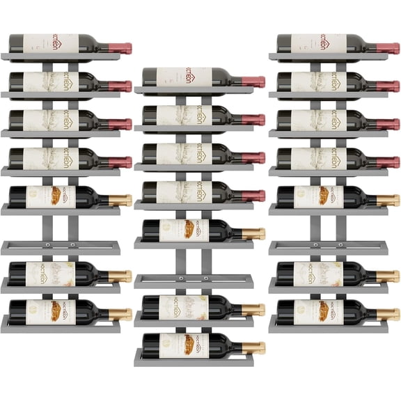 3-Pack Wall-Mount 8-Tier Wine Rack (24 Total Tiers), Modern Grey Metal Hanging Bottle Organizer for Living Room, Dining Room, Bar, or Wine Cellar