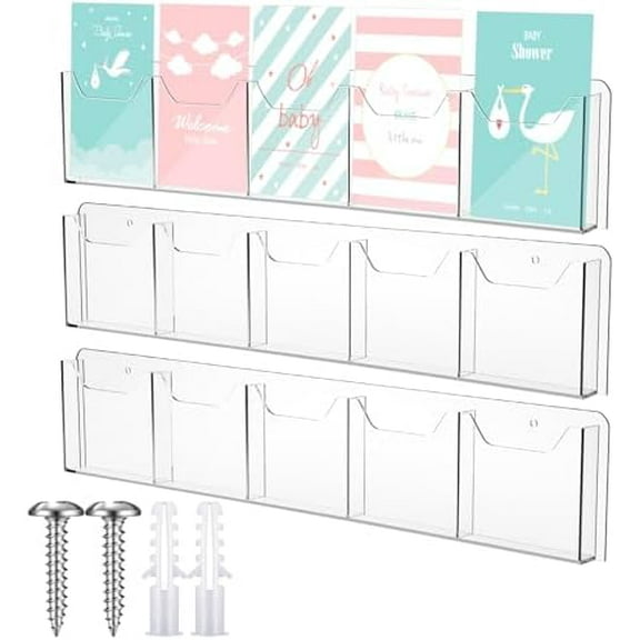3 Pack Wall Mount Pamphlet Holder Acrylic Brochure Holder with 5 Pockets, 4 Inch, Clear Wall Brochure Display Stand Hanging Rack for Pamphlet Flyers Booklet Menus Menu Advertise$$Other