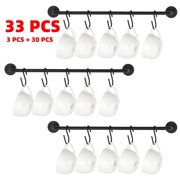 3-Pack Wall Mounted Mug Rack with 30 S Hooks - Rustic Metal Cup Holder Organizer for Kitchen, Coffee Bar, Dining Room