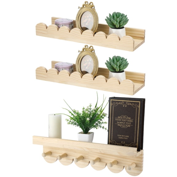 3 Pack Wall Mounted Wooden Floating Shelves with Hooks, 40x12x5cm Natural Wood Decorative Storage Rack