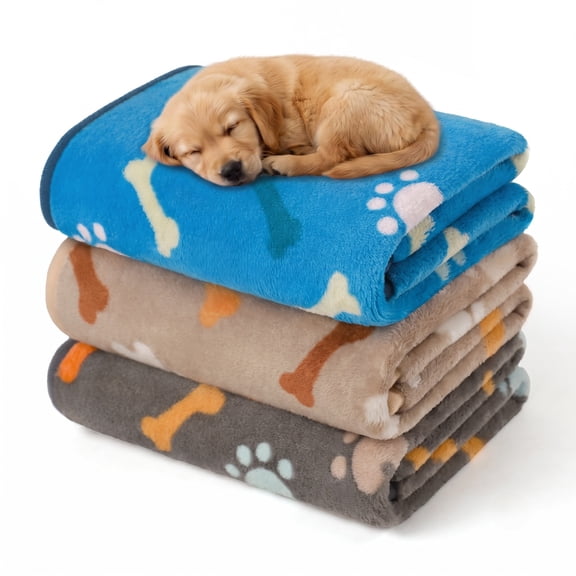 3 Pack Washable Pet Blankets, Soft Polyester Coral Velvet Warm Dog Cat Throw Blanket, Paw Bone Pattern Furniture Protector for Couch Travel Camping