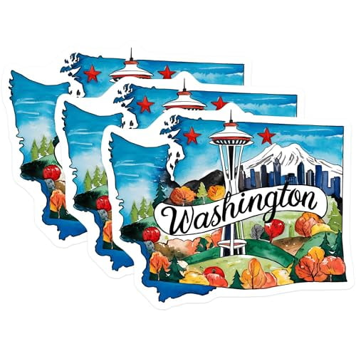 (3 Pack) Washington State Decals - Seattle Space Needle - PNW Travel Souvenir- 3 Inches On Longest Side - Easy Peel & Apply - Made in USA - 3MCS5042