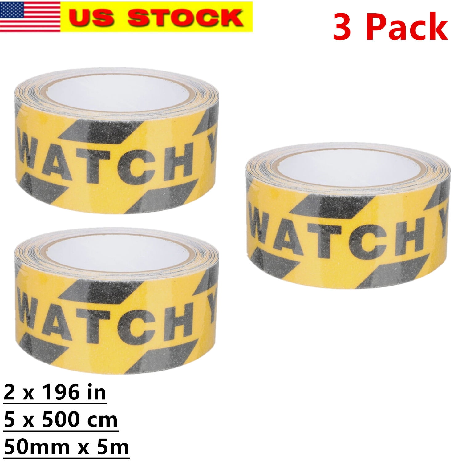 3 Pack Watch Your Step Safety Floor Tape 2 x 196 Inch – Non Slip Warning Adhesive Tape for Stairs Walkways Ramps, Indoor Outdoor Anti Skid Grip Strip
