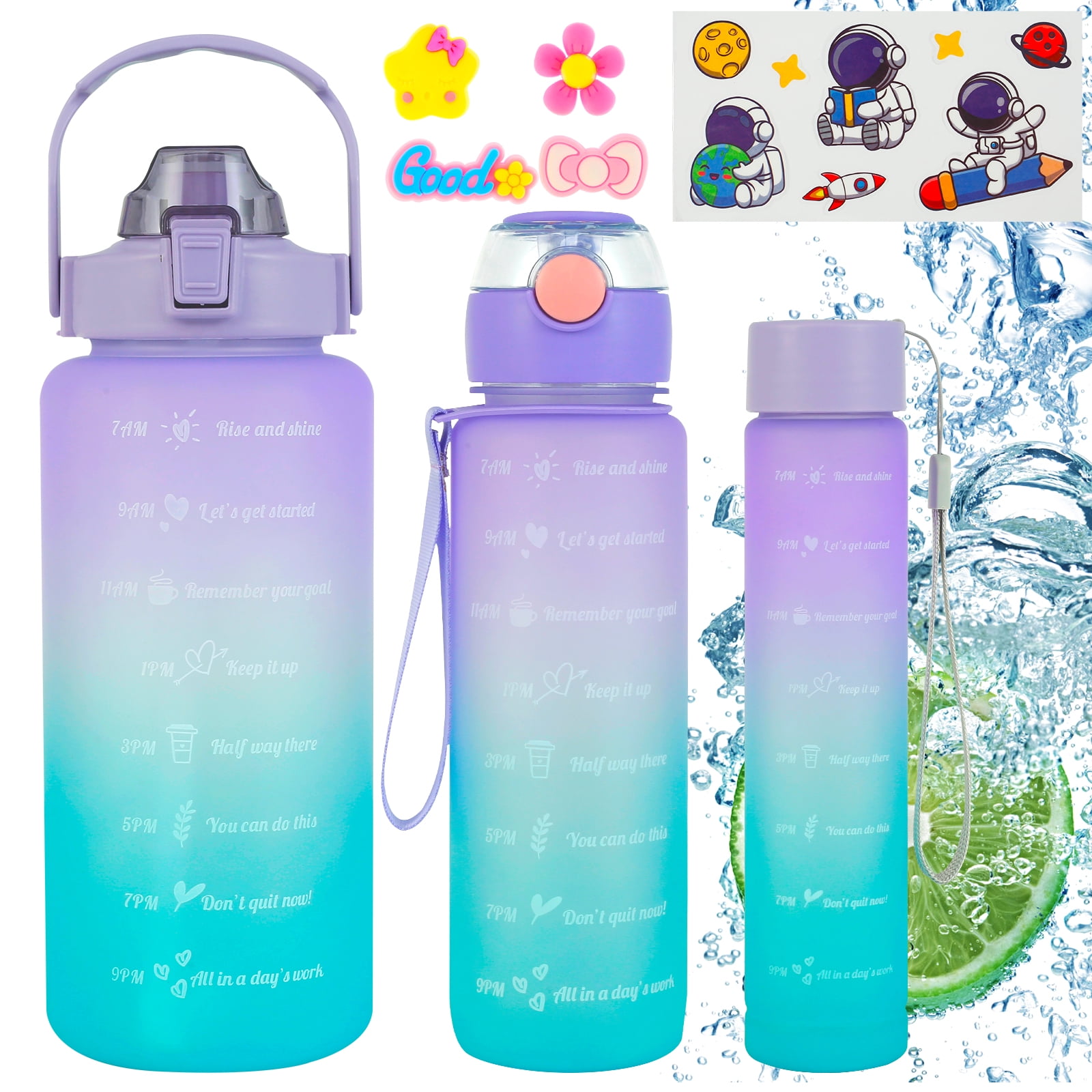 New 3 Pack Water Bottles with 2L Large Bottle 800MLPortable Bottle and  300ML Mini Bottle Motivational Drinks Bottle with Time