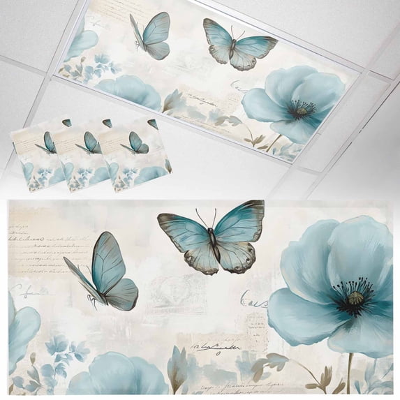 3 Pack Watercolor Blue Flowers Fluorescent Light Covers for Ceiling Lights Vintage Background Pastoral Style Magnetic Ceiling Light Covers Overhead Light Filters for Office Classroom Home