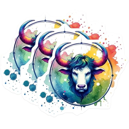 (3 Pack) Watercolor Bull Decals - Zodiac Taurus - Boho Colorful Stickers- 3 Inches On Longest Side - Easy Peel & Apply - Made in USA - 3MCS5347