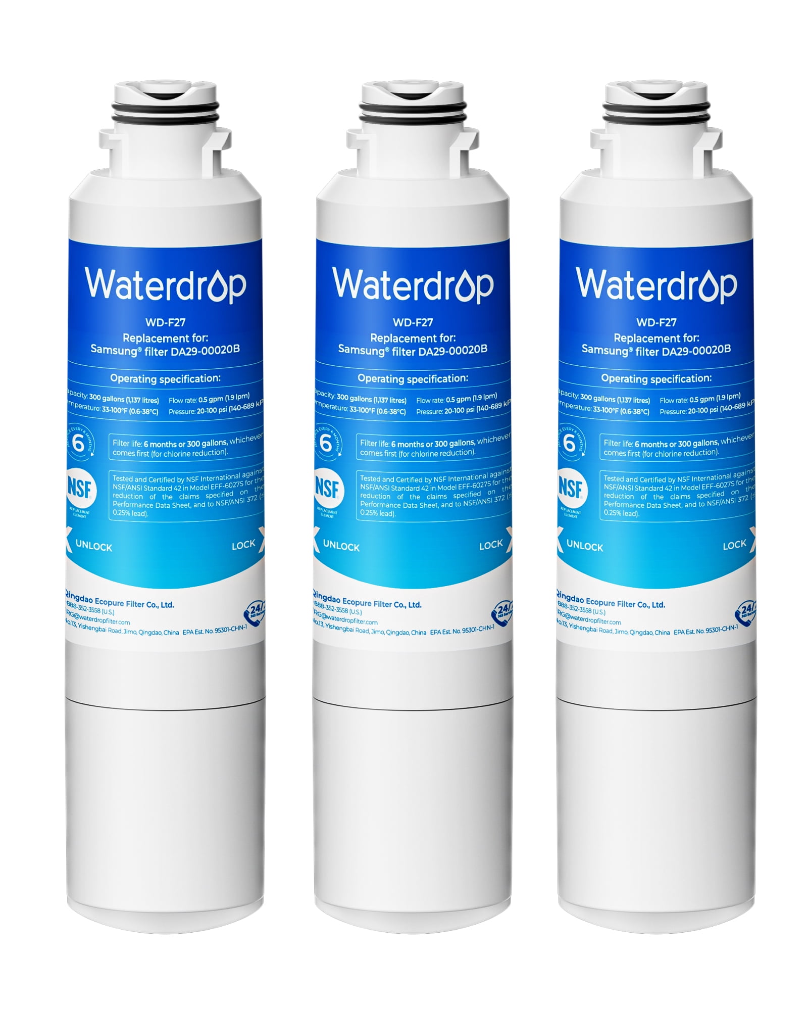 Waterdrop F27 Refrigerator Water Filter Replacement for Samsung®DA29-00020B HAF-CIN/EXP, HAF-CINRF28HMEDBSR, RF263BEAESR, RS25J500DSR, RF263TEAESG, HDX FMS-2, DA97-08006A-1,3 pack