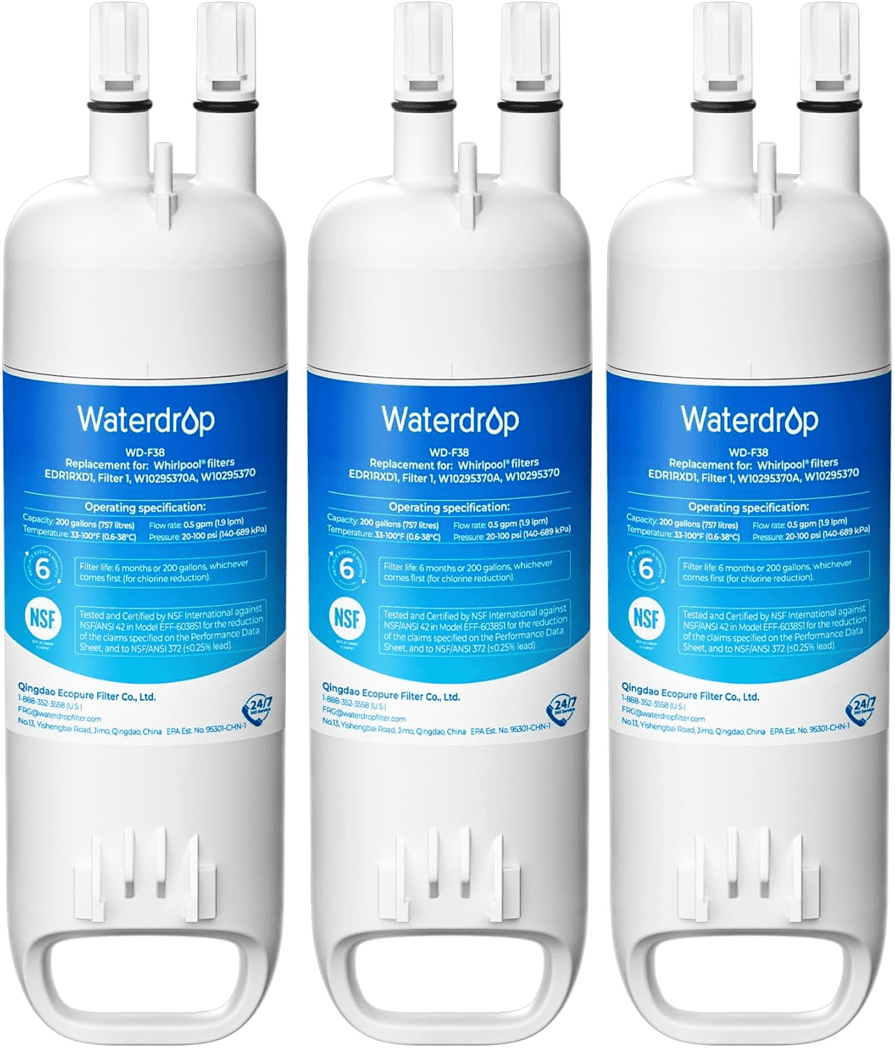 Waterdrop EDR1RXD1 Replacement for Everydrop® Filter 1,W10295370A, EDR1RXD1B, P8RFWB2L, P4RFWB, Kenmore® 46-9081, 46-9930, WD-F38 Refrigerator Water Filter, 3 Pack