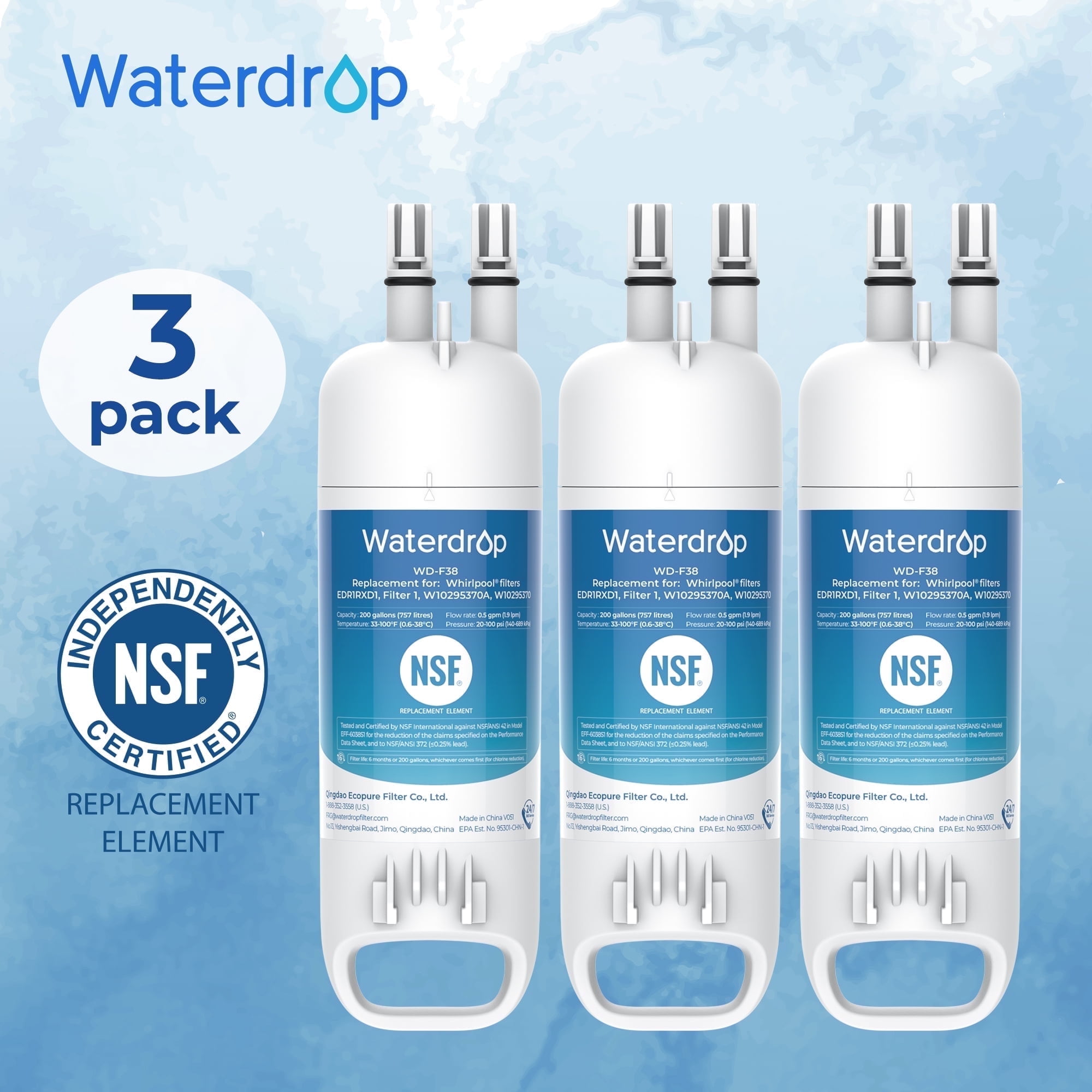 Waterdrop EDR1RXD1 Water Filter Replacement 3 Pack - Compatible with EDR1RXD1B, P8RFWB2L, P4RFWB, 46-9081, 46-9930, WD-F38