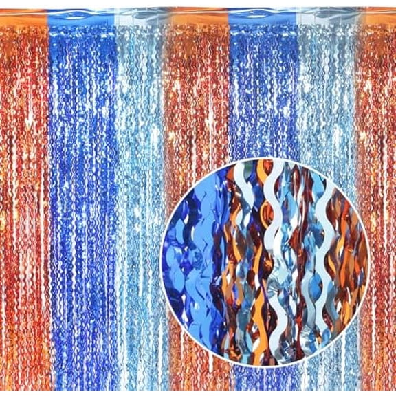 3 Pack Wavy Blue Dog Tinsel Backdrop Party Decorations - 3.3x6.6ft Orange and Dark Light Blue Metallic Foil Fringe Streamers for Birthday Party Supplies Photo Booth Prop Backdrop