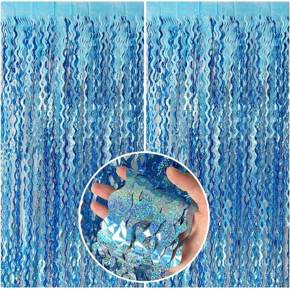 3 Pack Wavy Blue Foil Fringe Curtains, Metallic Tinsel Party Streamer Backdrop Panels for Photo Booths, Birthdays, Graduations and Weddings