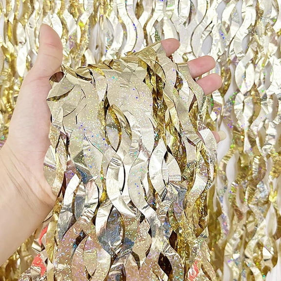 3 Pack Wavy Champagne Gold Foil Fringe Curtains Backdrop 3.3 ft x 6.6 ft Tinsel Foil Fringe Backdrop for Photo Booth Backdrops Birthday Party Decor