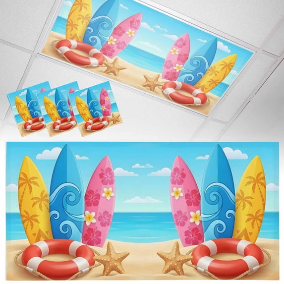 3 Pack Welcome Summer Beach Fluorescent Light Covers for Ceiling Lights Coastal Watercolor Blue Ocean Surfboard Starfish Magnetic Ceiling Light Covers Overhead Light Filters for Office Classroom Home