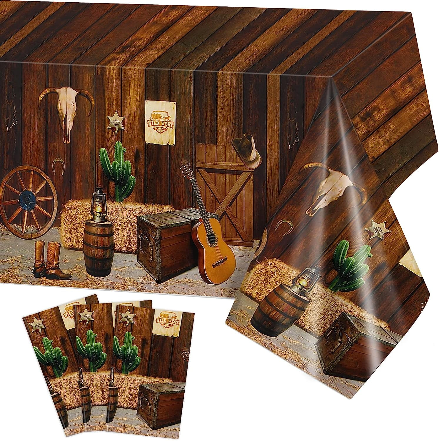3 Pack Western Cowboy Theme Tablecloth, Wild West Wooden House Barn Plastic Table Cover for Birthday Baby Shower Party Decorations Supplies - 51 x 108 in