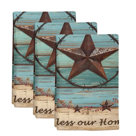 3 Pack Western Texas Star Kitchen Towels Retro Turquoise Wooden Rustic Farmhouse Decorative Dish Towel Sets Absorbent Quick Dry Hand Cloths Tea Towels for Cooking Baking Farmhouse Gifts 18x28in