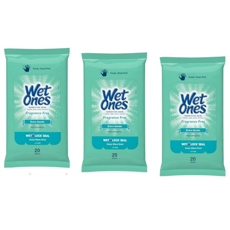 3 Pack Wet Ones Sensitive Skin Hand Wipes Travel Pack, Fragrance Free, 20 Ct