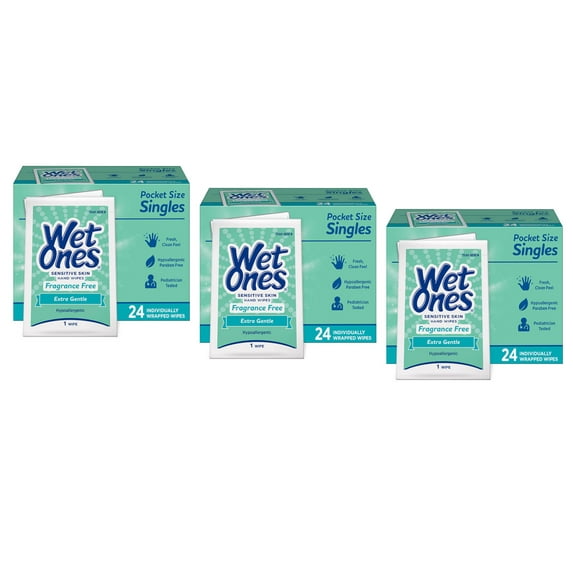 3 Pack Wet Ones Sensitive Skin Hand Wipes Unscented Individually Wrapped 24 Each