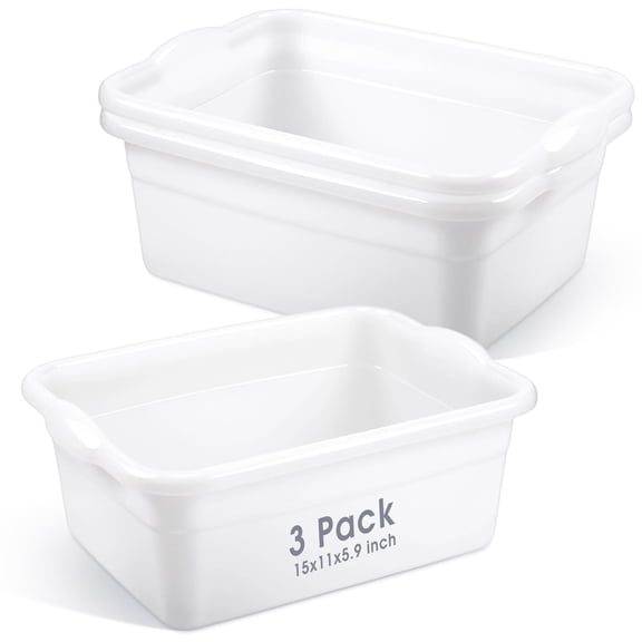 3 Pack White 12 Quart Rectangular Plastic Bucket for Dish Washing, Laundry and Household Storage