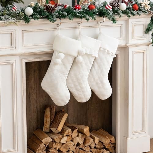 3 Pack White Christmas Stockings Quilted Rustic Hanging Stockings Xmas Ornaments for Family Holiday Season Decorations