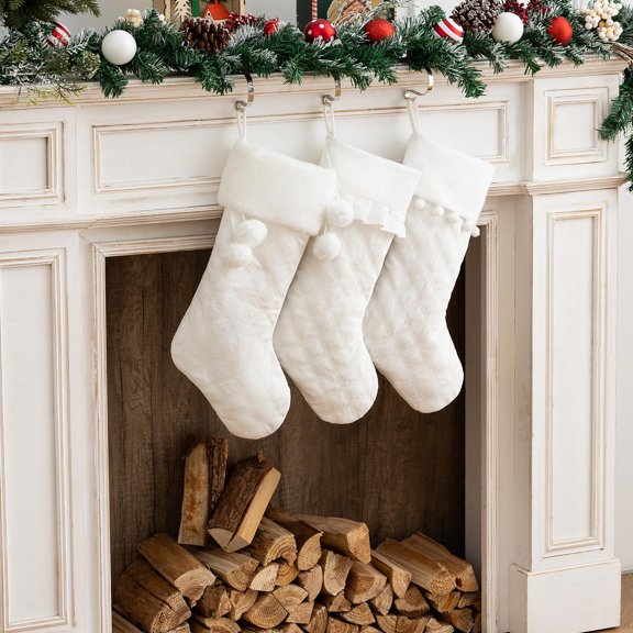 3 Pack White Christmas Stockings Quilted Rustic Holiday Decor for Family Gifts
