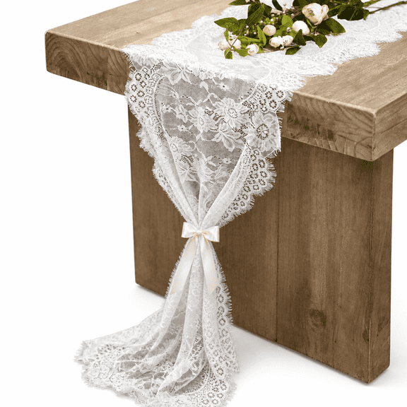 3-Pack White Lace Table Runner 13.8" x 118", Embroidered Floral Boho Runner with Tassels for Wedding Party Bridal Shower Decor.
