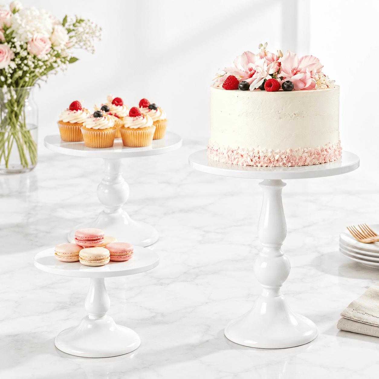 3 Pack White Metal Cake Stand Set, Assorted Sizes for Tiered Dessert ...