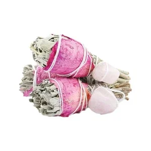 3 Pack White Sage Torches Smudge Sticks With Rose Petals And Rose Quartz Crystal