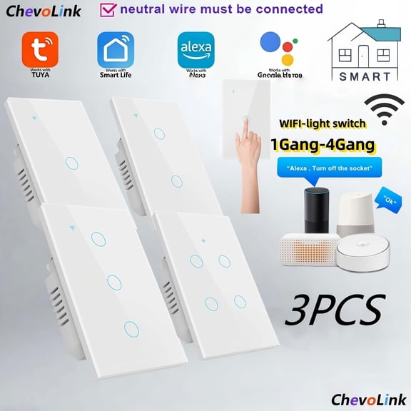 3 Pack White WiFi Touch Smart Switch, 100-240V In-wall Installation, Needs Neutral Wire, Timer & APP Remote Control, Works with Alexa, Max 600W Per Gang, Easy Clean Home Automation Switch