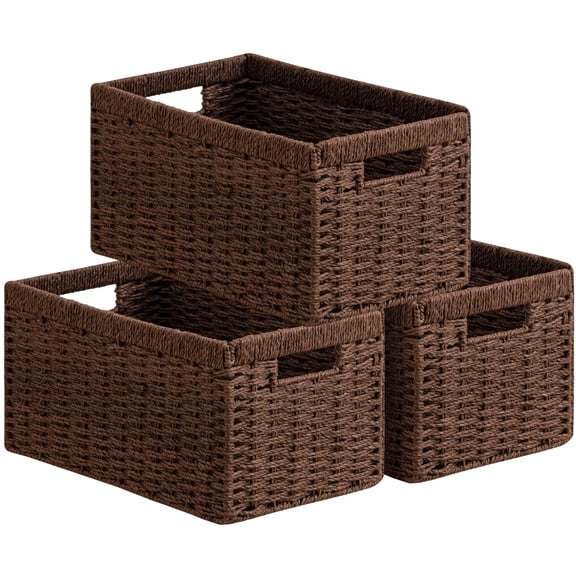 3 Pack Wicker Basket  13.4l*8.3h*7.1w Inch Woven Paper Rope Storage Baskets For Shelves Foldable Rectangular With Handle Organizing Dark Brown