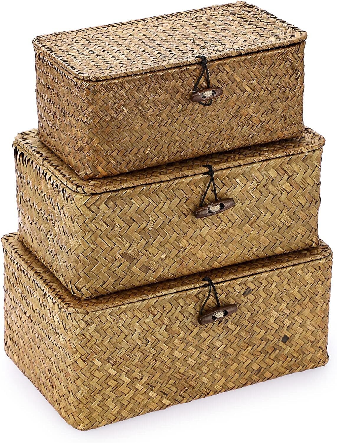 3 Pack Wicker Baskets with Lids, Nautral Seagrass Storage Baskets, Woven Rectangular Basket Bins, Rattan Storage Organizer for Shelf