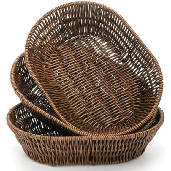 3 Pack Wicker Bread Basket, 11 Inch Woven Oval Food Baskets for Serving, Tabletop Stackable Pantry Organizer Bin for Home Kitchen, Restaurant, Bakery, Fruit Vegetable Storage, Brown