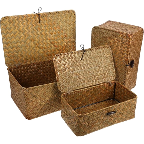 3 Pack Wicker Shelf Baskets Bin with Lid, Handwoven Basket Storage Bins Rectangular Household Basket Boxes,Makeup Organizer for Shelf Wardrobe Home Organizer(9"+10"+11")