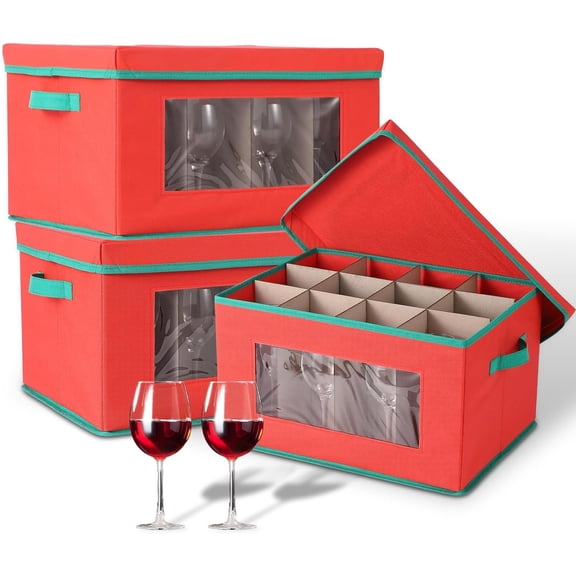 3 Pack Wine Glass Storage Boxes with Dividers, 12-Compartment Stemware Organizers with Lid, Handle & Clear Window, China Storage Containers for Glassware, Wine Glasses, Drinkware, Red