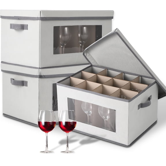 3 Pack Wine Glass Storage Boxes with Dividers, 12-Compartment Stemware Organizers with Lid, Handle & Clear Window, China Storage Containers