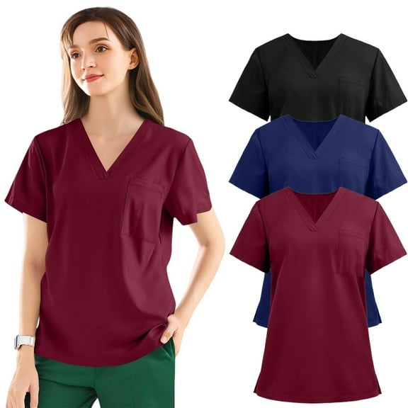 3 Pack Wine V-Neck Women Scrub Tops – Soft Stretch with 3 Pockets for Medical & Nursing Use 3XL