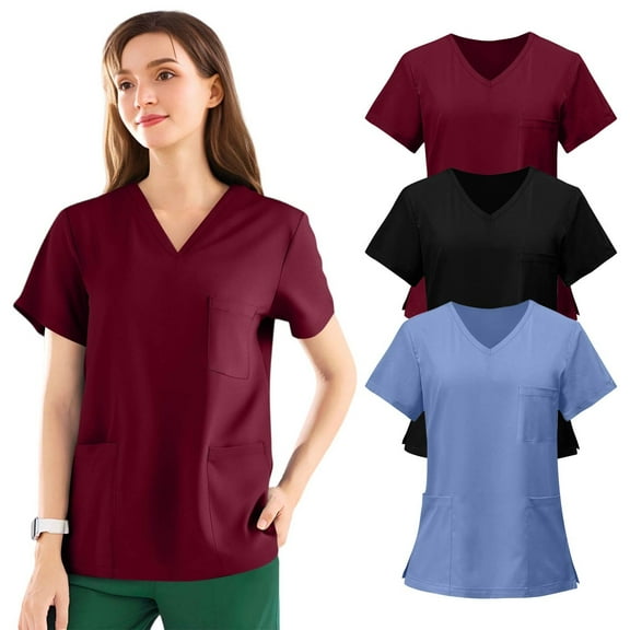 3 Pack Wine V-Neck Women Scrub Tops – Soft Stretch with 3 Pockets for Medical & Nursing Use M