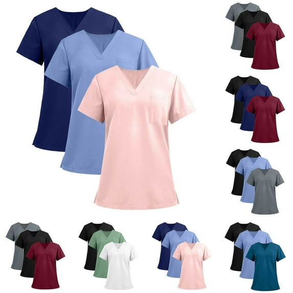 3 Pack Wine Women's Healthcare Scrubs – Moisture-Wicking Stretch Shirts with Ribbed Side Panels S