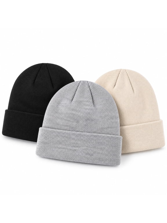 3 Pack Winter Beanie Hats for Men Women, Acrylic Knit Cuffed Skull Caps, Soft Stretch Fit Warm Hats with Fold Over Cuff