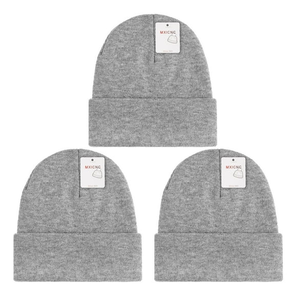 3 Pack Winter Beanie Hats for Men Women, Warm Cozy Knitted Cuffed Skull Cap, 3 Grey